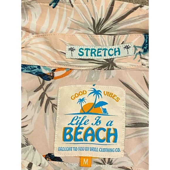 Good Vibes Life Is A Beach 80s Pastel Pink Bird Hawaiian Mens Shirt Med Resort - Picture 3 of 12